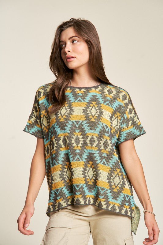Davi & Dani - High - Low Hem Aztec Print Knit Top in Seafoam & Yellow