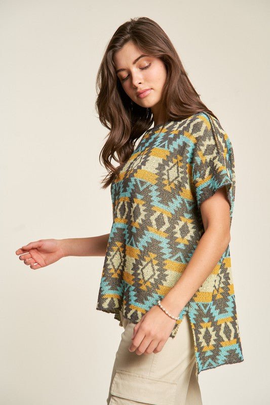 Davi & Dani - High - Low Hem Aztec Print Knit Top in Seafoam & Yellow