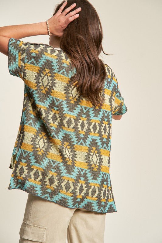Davi & Dani - High - Low Hem Aztec Print Knit Top in Seafoam & Yellow