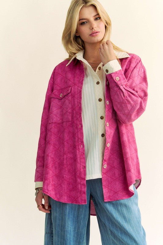 Davi & Dani - Hot Pink Curved Hem Button Up Denim Shacket