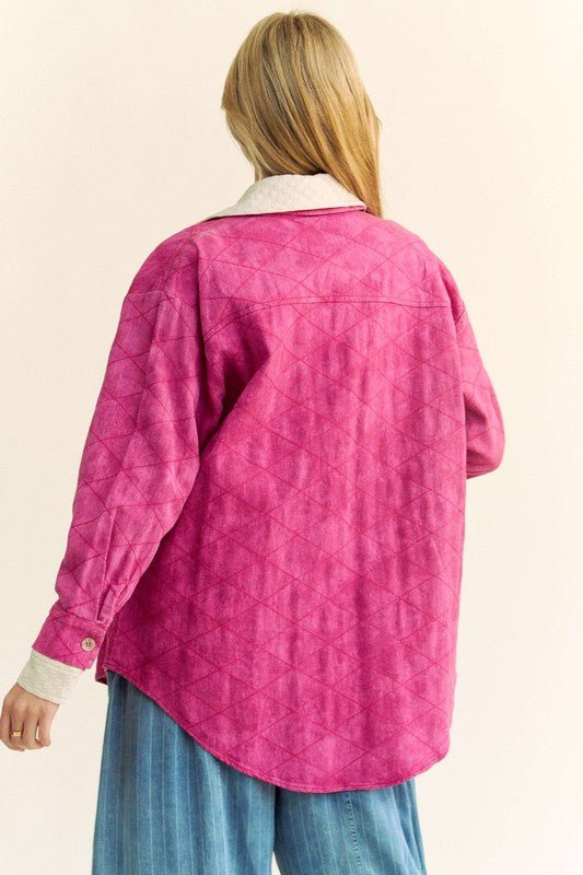 Davi & Dani - Hot Pink Curved Hem Button Up Denim Shacket