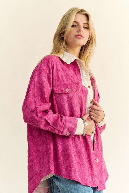 Davi & Dani - Hot Pink Curved Hem Button Up Denim Shacket