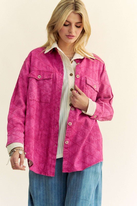 Davi & Dani - Hot Pink Curved Hem Button Up Denim Shacket