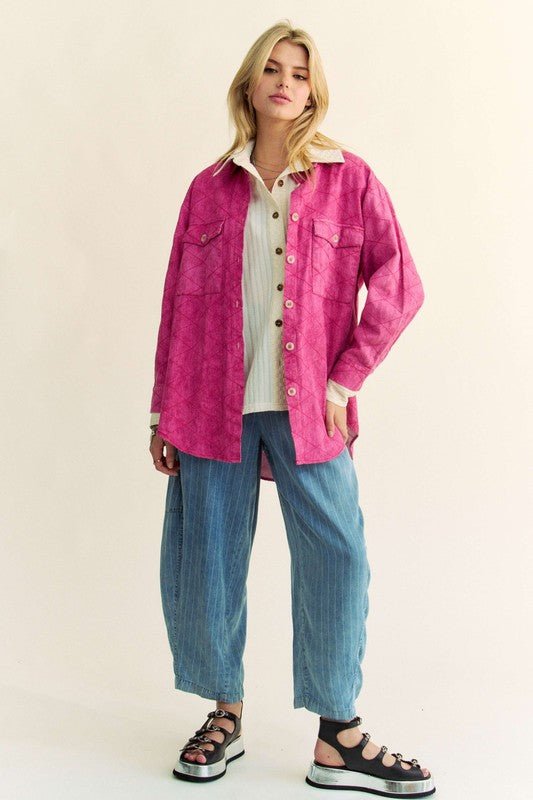 Davi & Dani - Hot Pink Curved Hem Button Up Denim Shacket