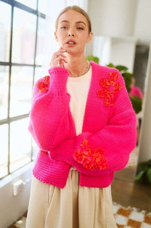 Davi & Dani - Hot Pink Floral Appliqué Open Front Cardigan