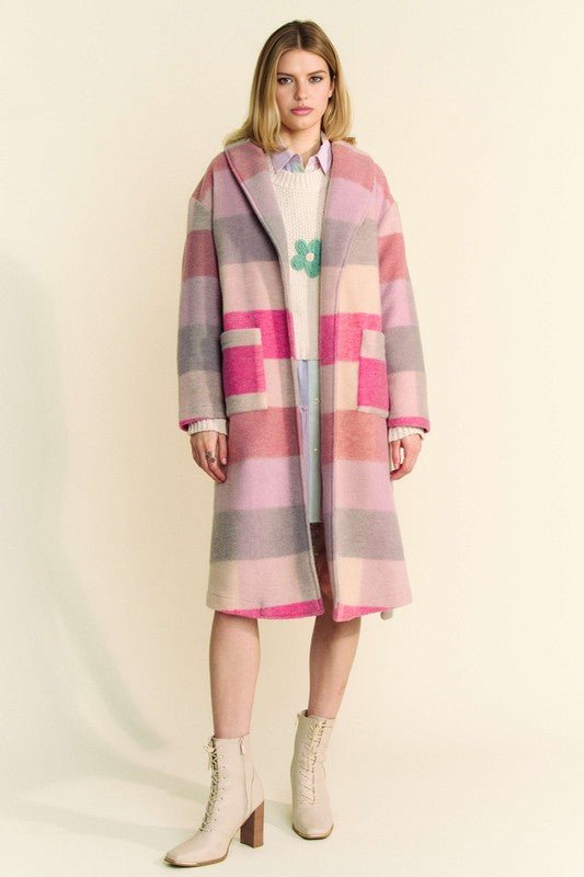 Davi & Dani - Hot Pink Multi Color Block Belted Car Coat