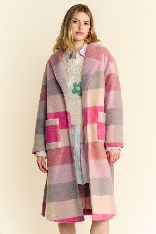 Davi & Dani - Hot Pink Multi Color Block Belted Car Coat