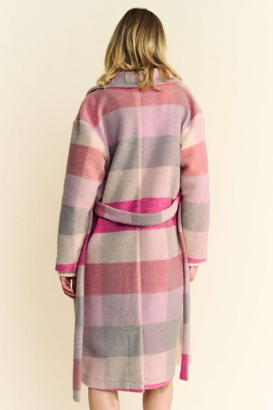 Davi & Dani - Hot Pink Multi Color Block Belted Car Coat
