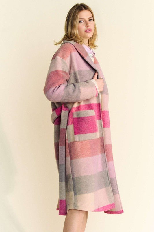 Davi & Dani - Hot Pink Multi Color Block Belted Car Coat