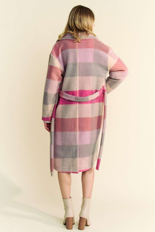 Davi & Dani - Hot Pink Multi Color Block Belted Car Coat