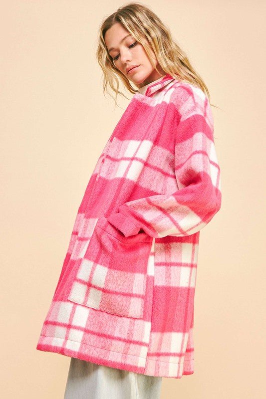 Davi & Dani - Hot Pink Plaid Open Front Longline Coat