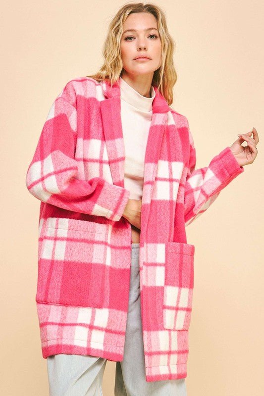 Davi & Dani - Hot Pink Plaid Open Front Longline Coat