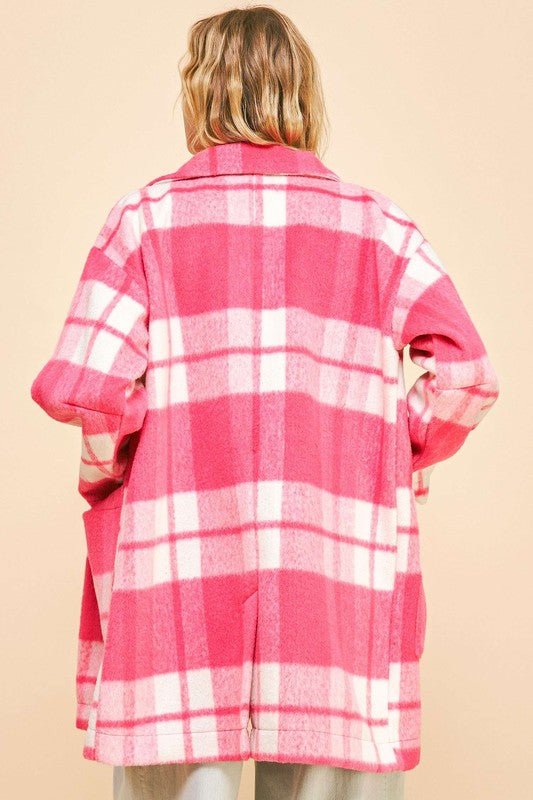 Davi & Dani - Hot Pink Plaid Open Front Longline Coat