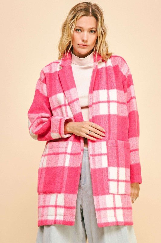 Davi & Dani - Hot Pink Plaid Open Front Longline Coat