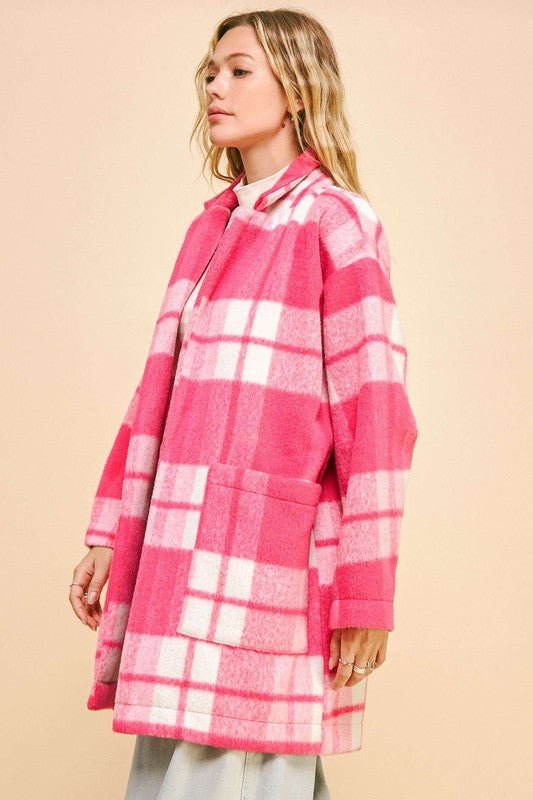 Davi & Dani - Hot Pink Plaid Open Front Longline Coat