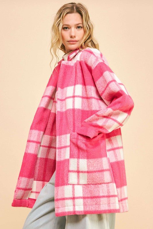 Davi & Dani - Hot Pink Plaid Open Front Longline Coat