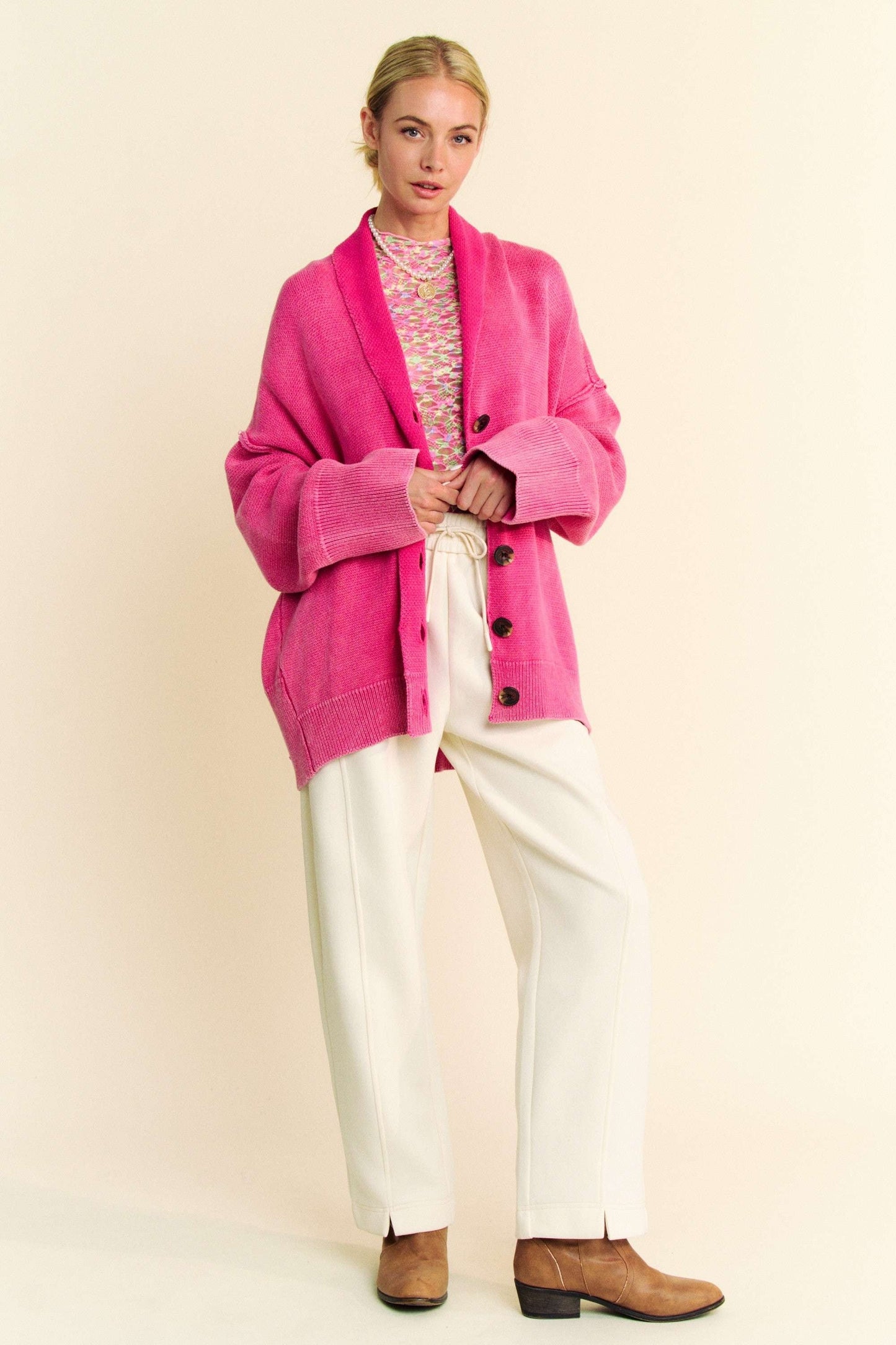 Davi & Dani - Hot Pink Shawl Collar Button Up Cardigan