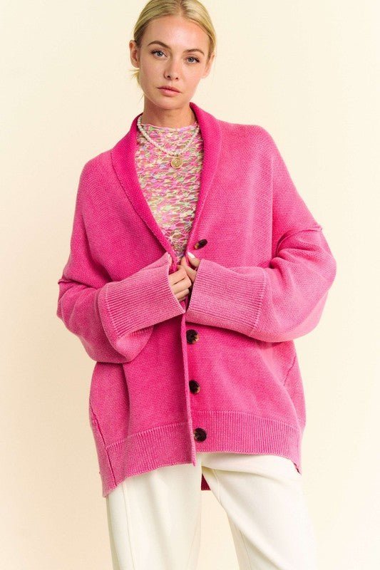 Davi & Dani - Hot Pink Shawl Collar Button Up Cardigan