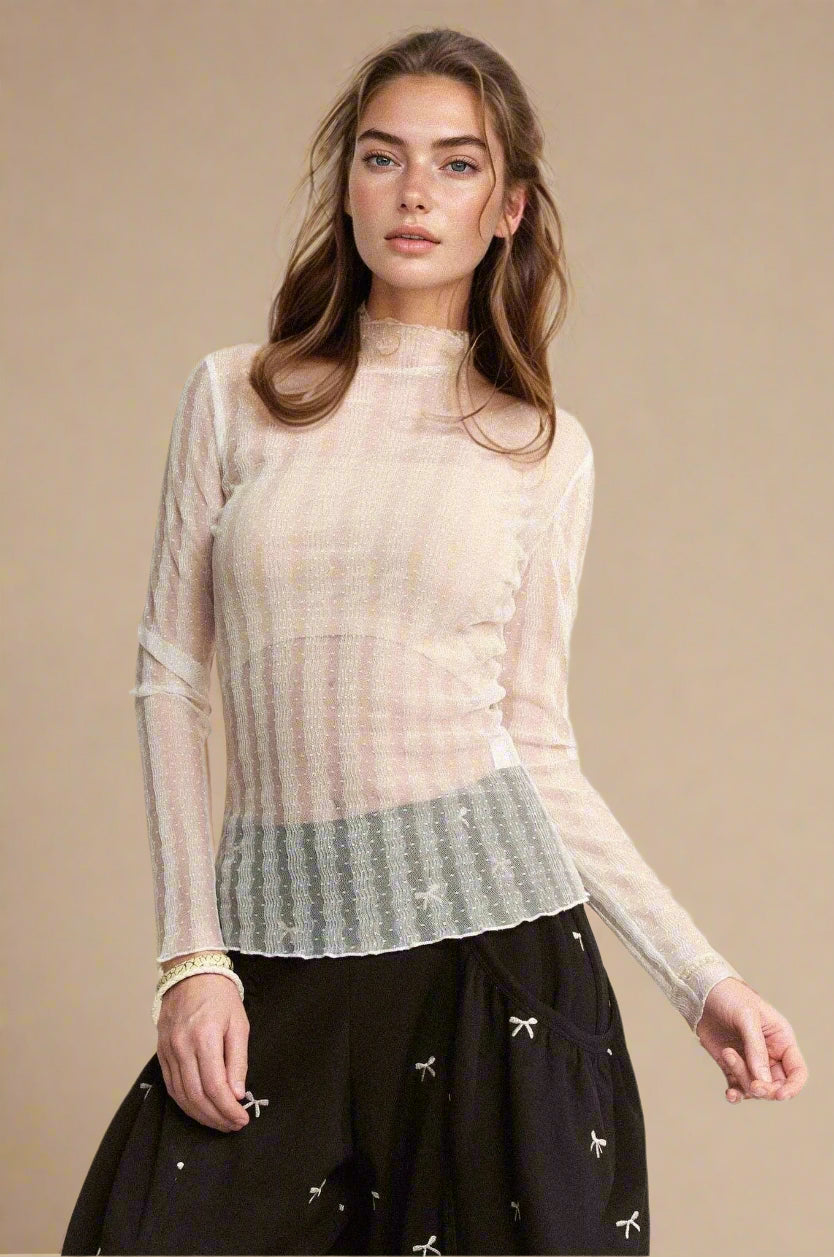 Davi & Dani - Ivory Sheer Mock Neck Long Sleeve Top