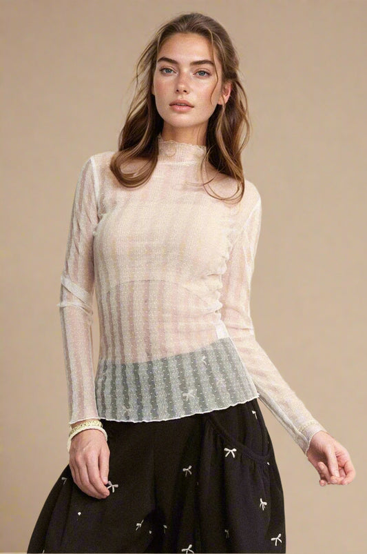 Davi & Dani - Ivory Sheer Mock Neck Long Sleeve Top