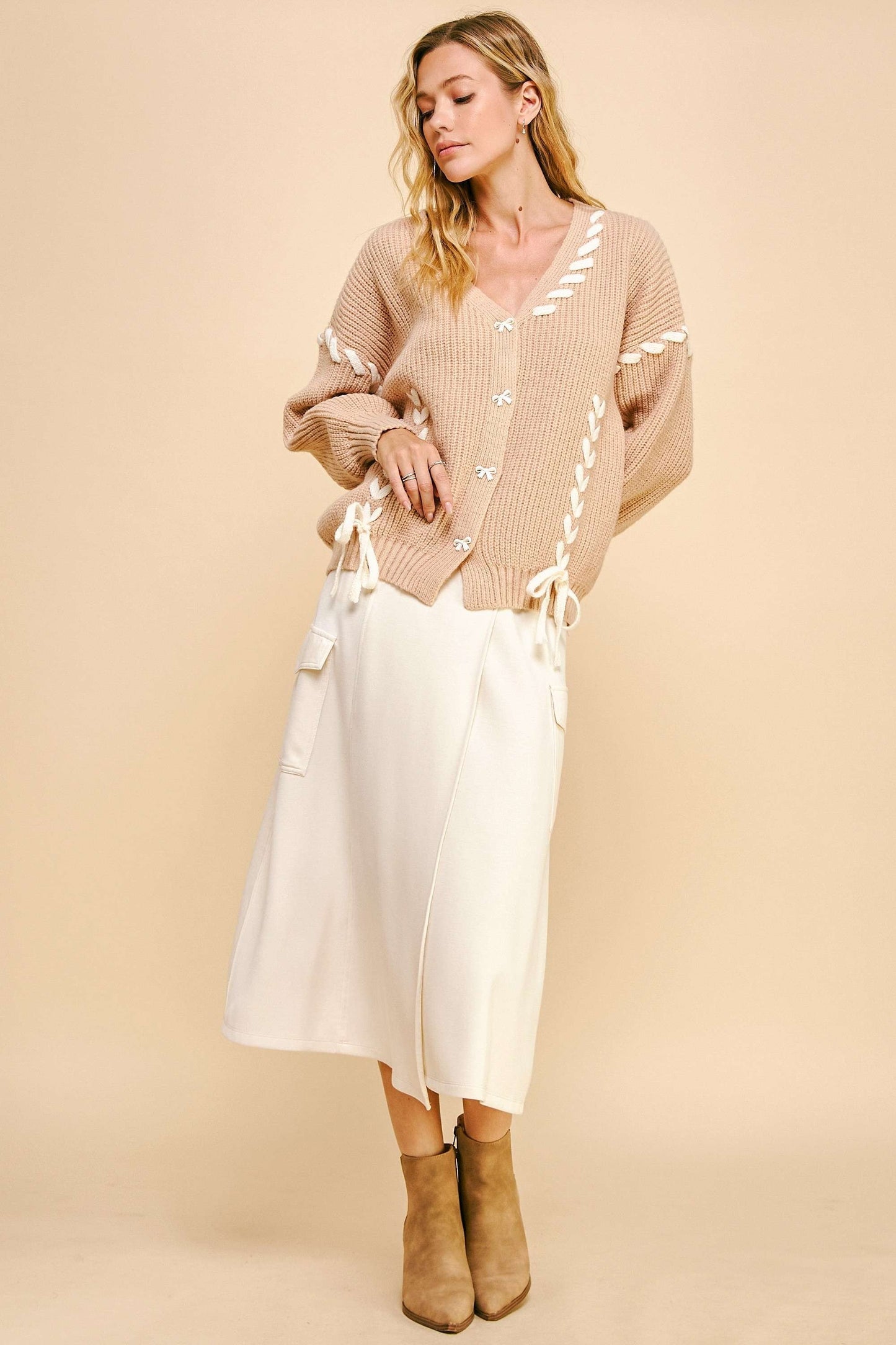 Davi & Dani - Lace - Up Button Down Cardigan in Tan