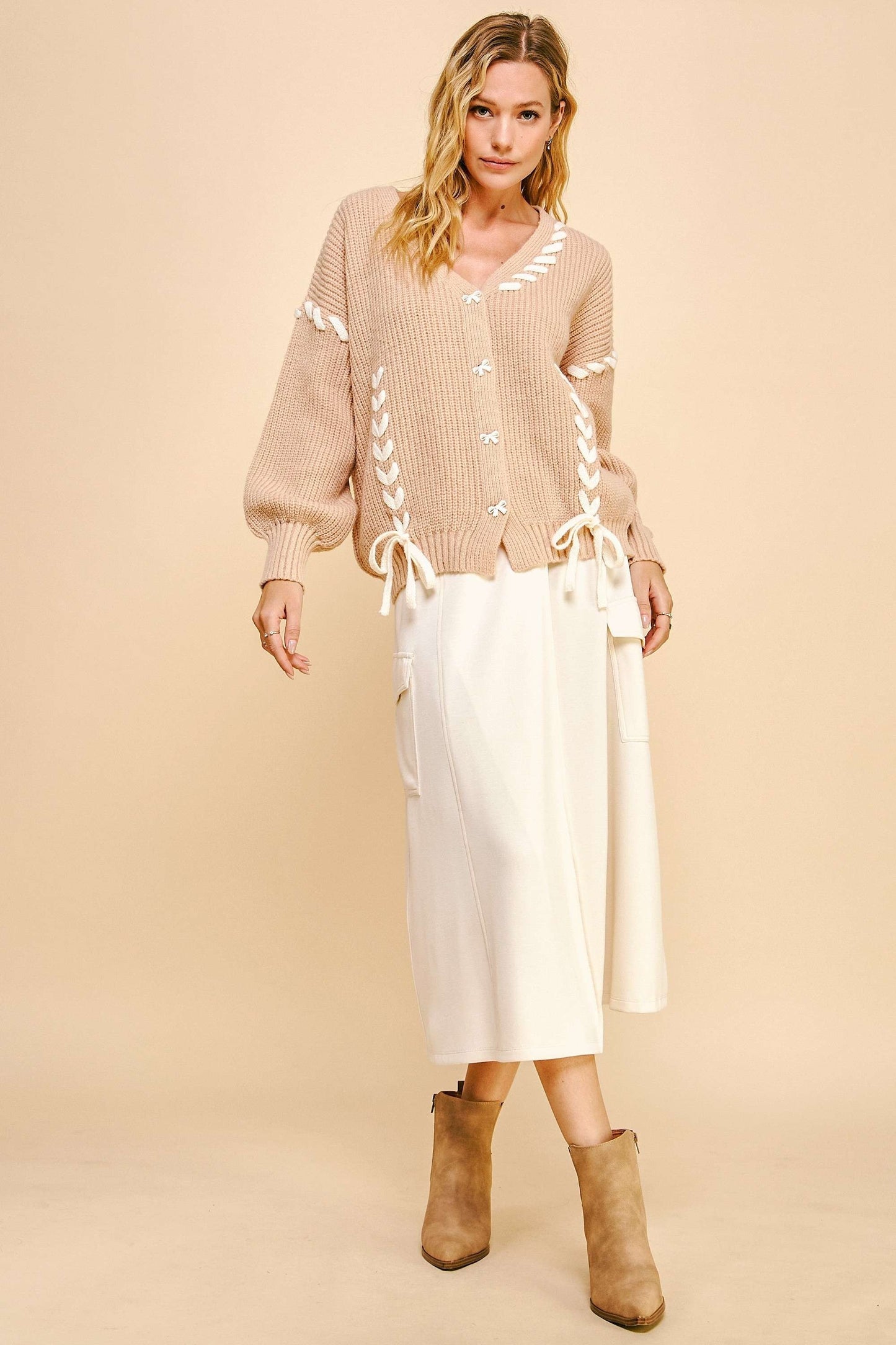 Davi & Dani - Lace - Up Button Down Cardigan in Tan