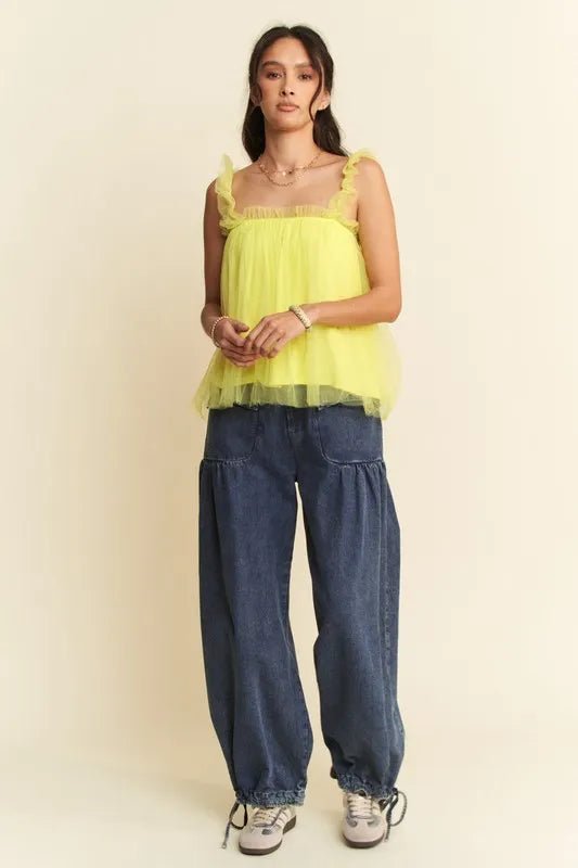 Davi & Dani - Lemon Tulle Ruffle Strap Babydoll Top