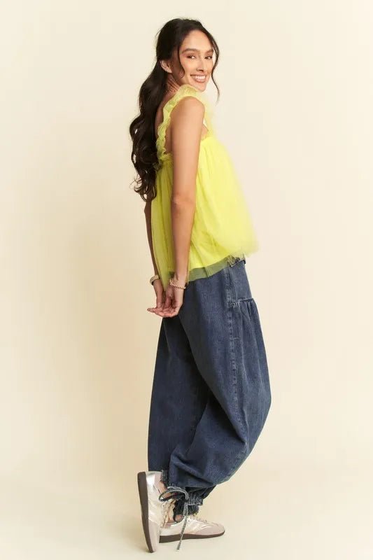 Davi & Dani - Lemon Tulle Ruffle Strap Babydoll Top