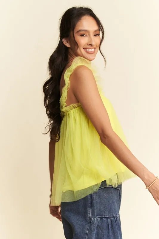 Davi & Dani - Lemon Tulle Ruffle Strap Babydoll Top