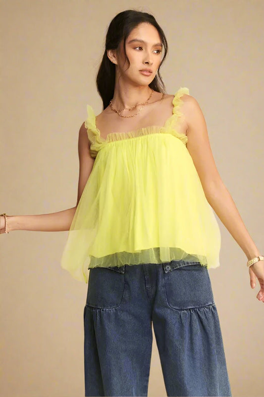 Davi & Dani - Lemon Tulle Ruffle Strap Babydoll Top