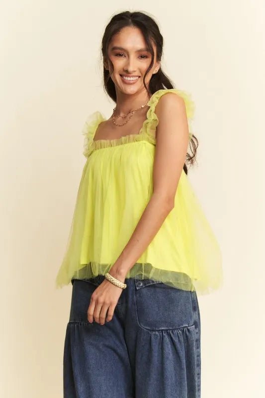 Davi & Dani - Lemon Tulle Ruffle Strap Babydoll Top