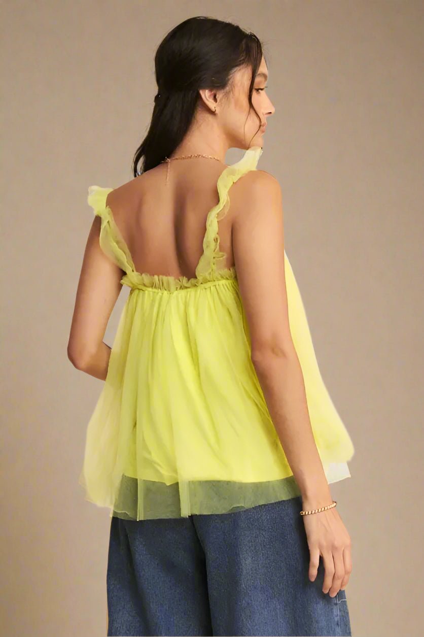 Davi & Dani - Lemon Tulle Ruffle Strap Babydoll Top