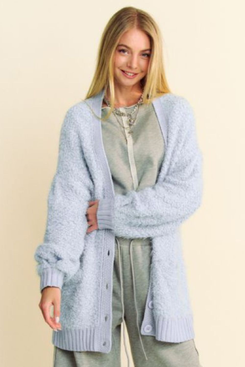 Davi & Dani - Light Blue Fuzzy Button Up Longline Cardigan