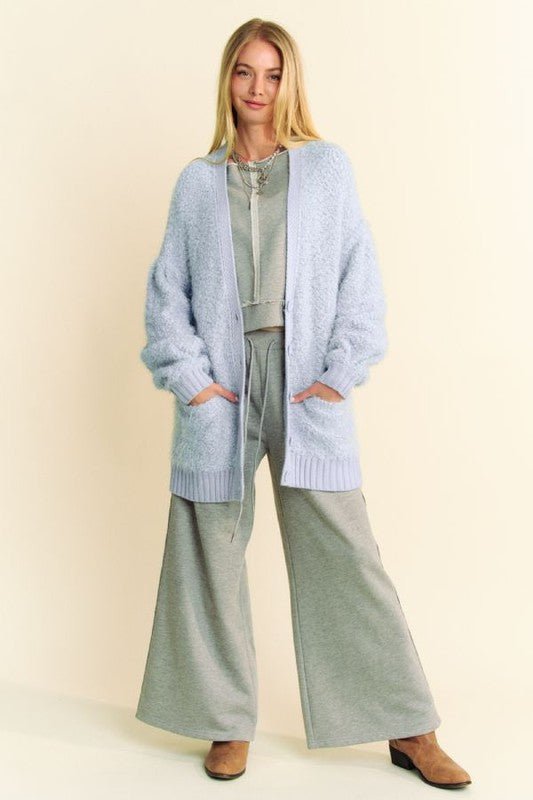 Davi & Dani - Light Blue Fuzzy Button Up Longline Cardigan