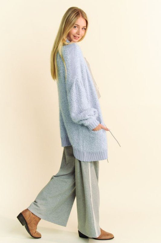 Davi & Dani - Light Blue Fuzzy Button Up Longline Cardigan