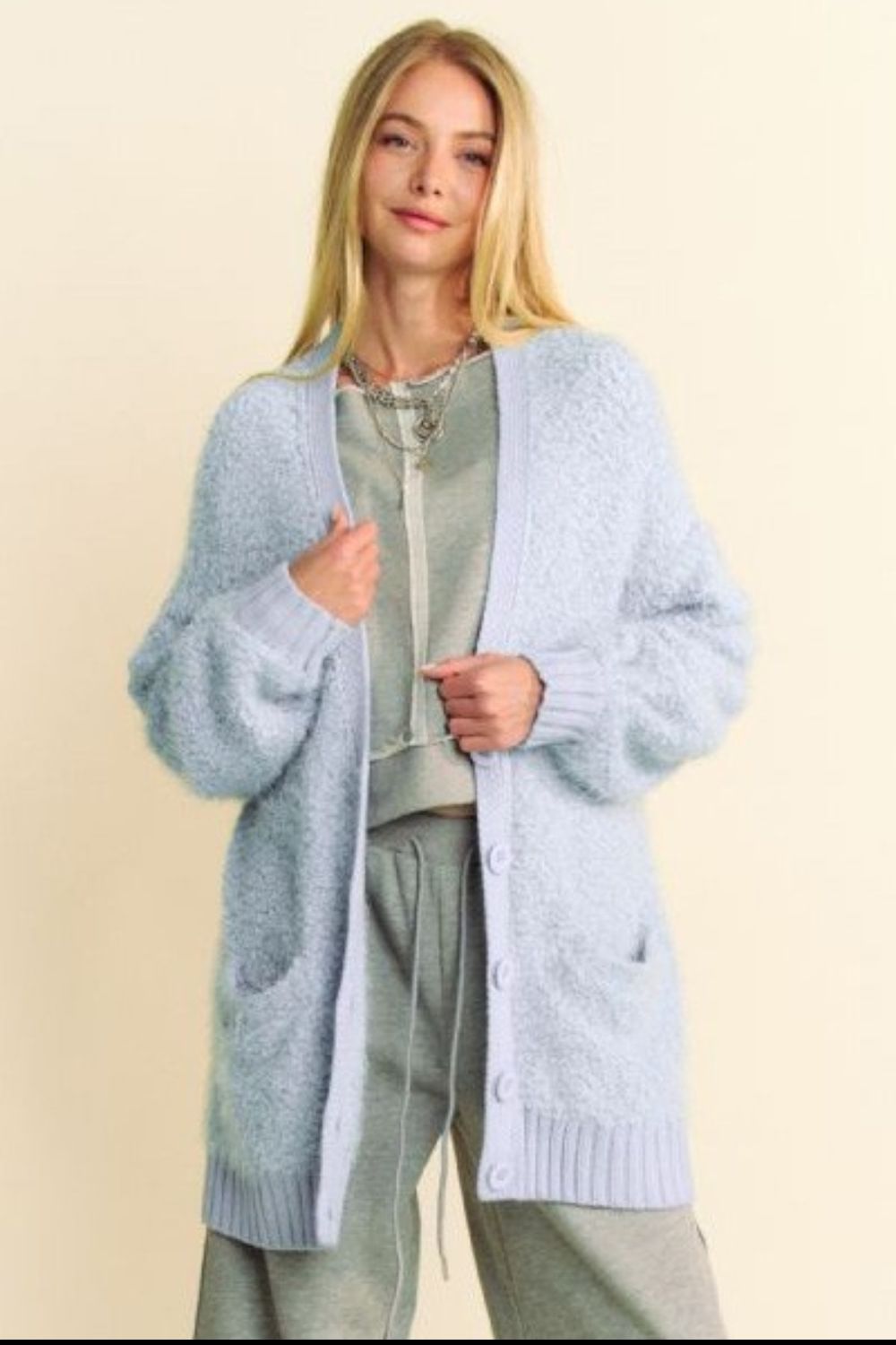 Davi & Dani - Light Blue Fuzzy Button Up Longline Cardigan