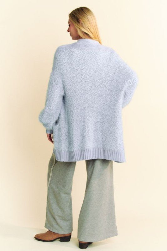 Davi & Dani - Light Blue Fuzzy Button Up Longline Cardigan