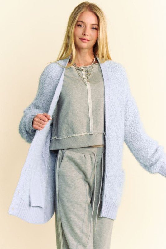 Davi & Dani - Light Blue Fuzzy Button Up Longline Cardigan