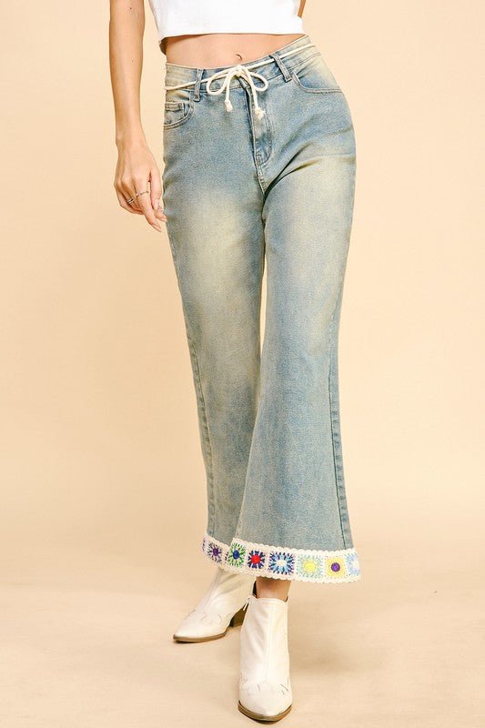 Davi & Dani - Light Wash Crochet Trim Flare Jeans