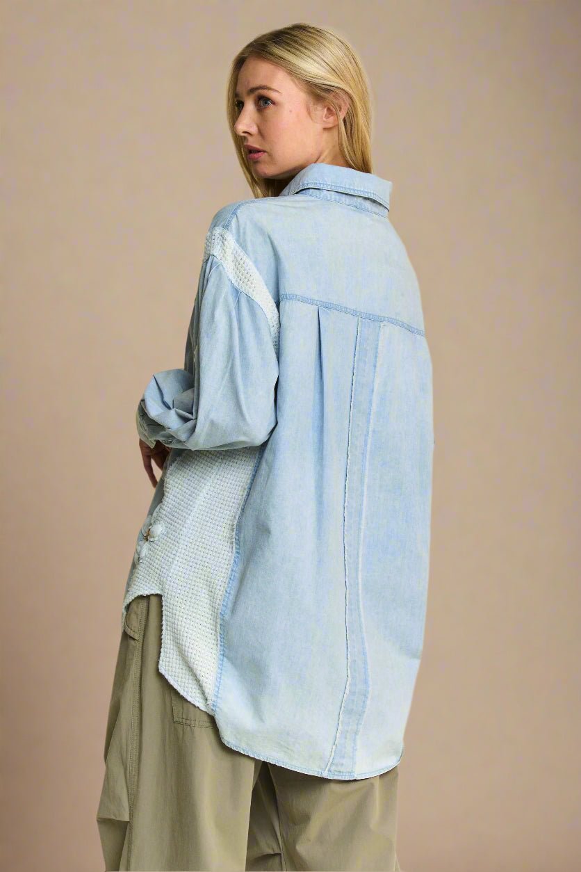 Davi & Dani - Light Wash Denim Button Down Shirt with Daisy Appliqué