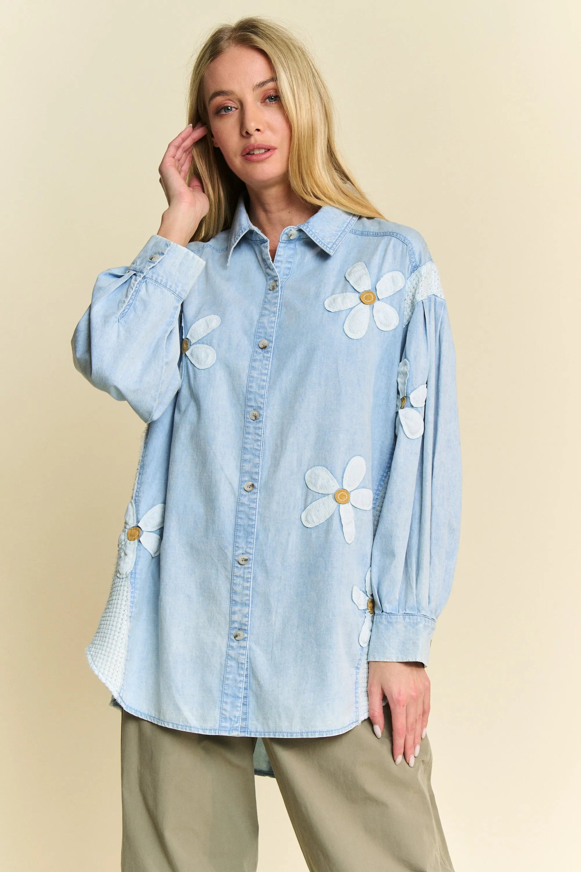 Davi & Dani - Light Wash Denim Button Down Shirt with Daisy Appliqué