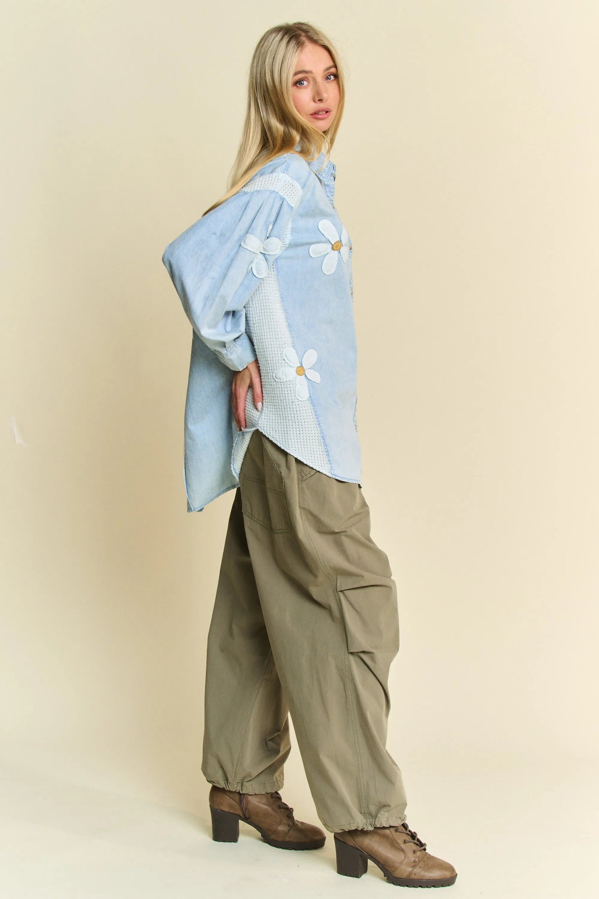 Davi & Dani - Light Wash Denim Button Down Shirt with Daisy Appliqué