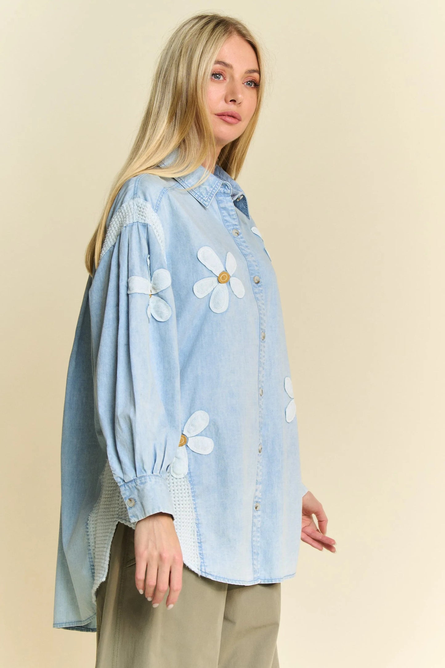 Davi & Dani - Light Wash Denim Button Down Shirt with Daisy Appliqué