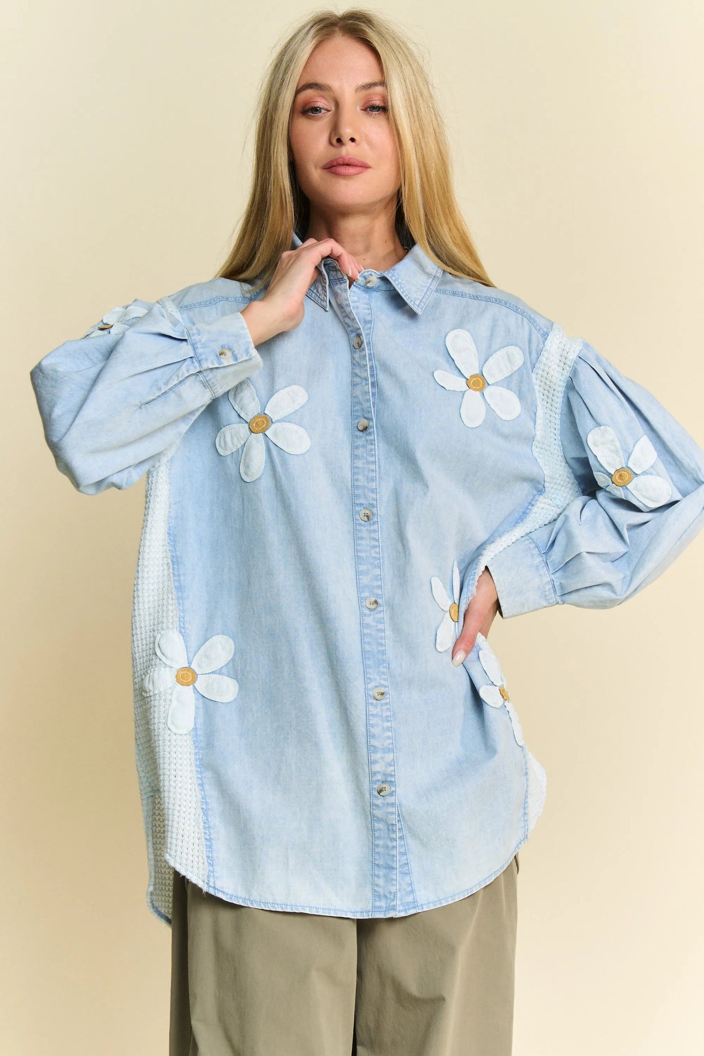Davi & Dani - Light Wash Denim Button Down Shirt with Daisy Appliqué
