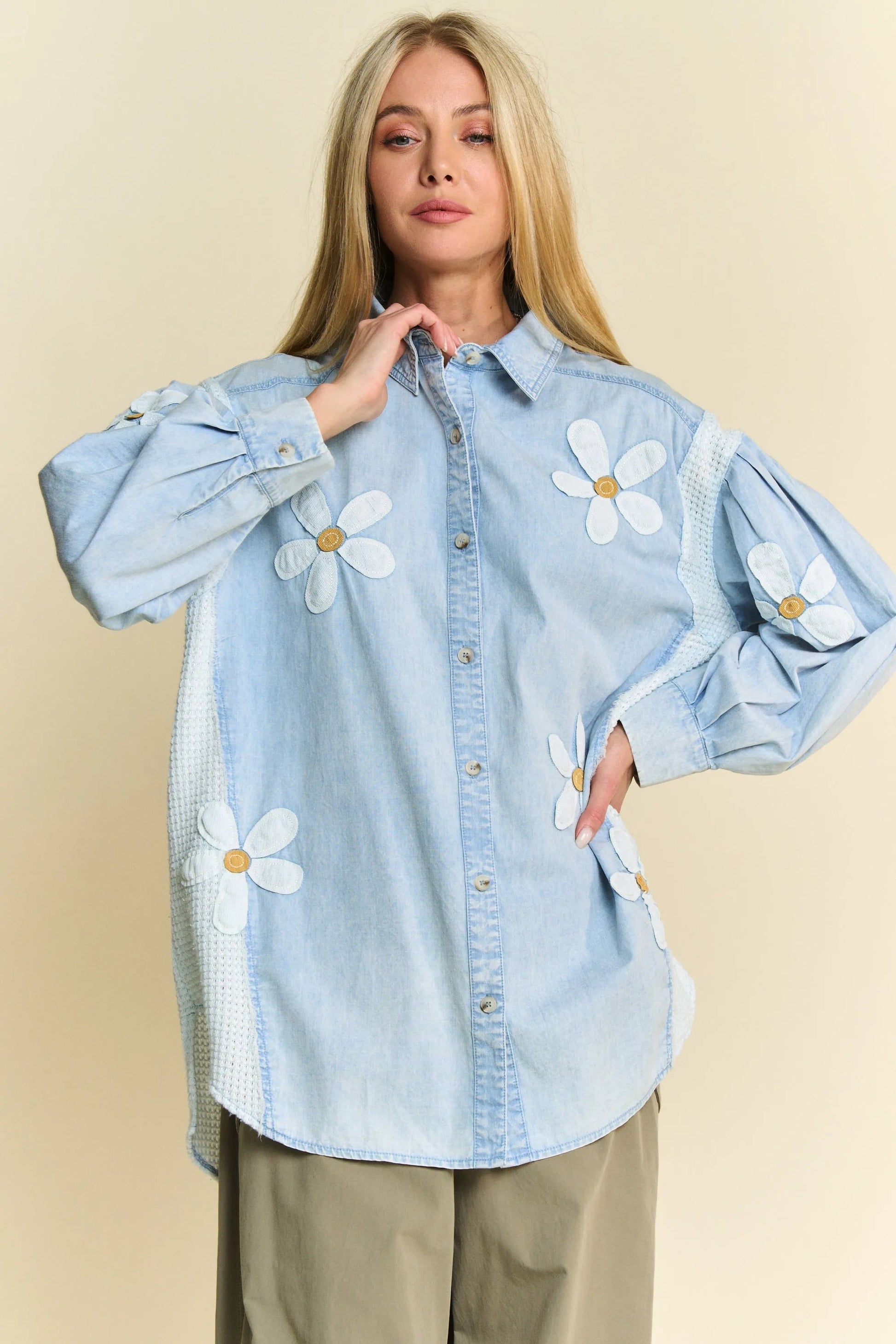 Davi & Dani - Light Wash Denim Button Down Shirt with Daisy Appliqué