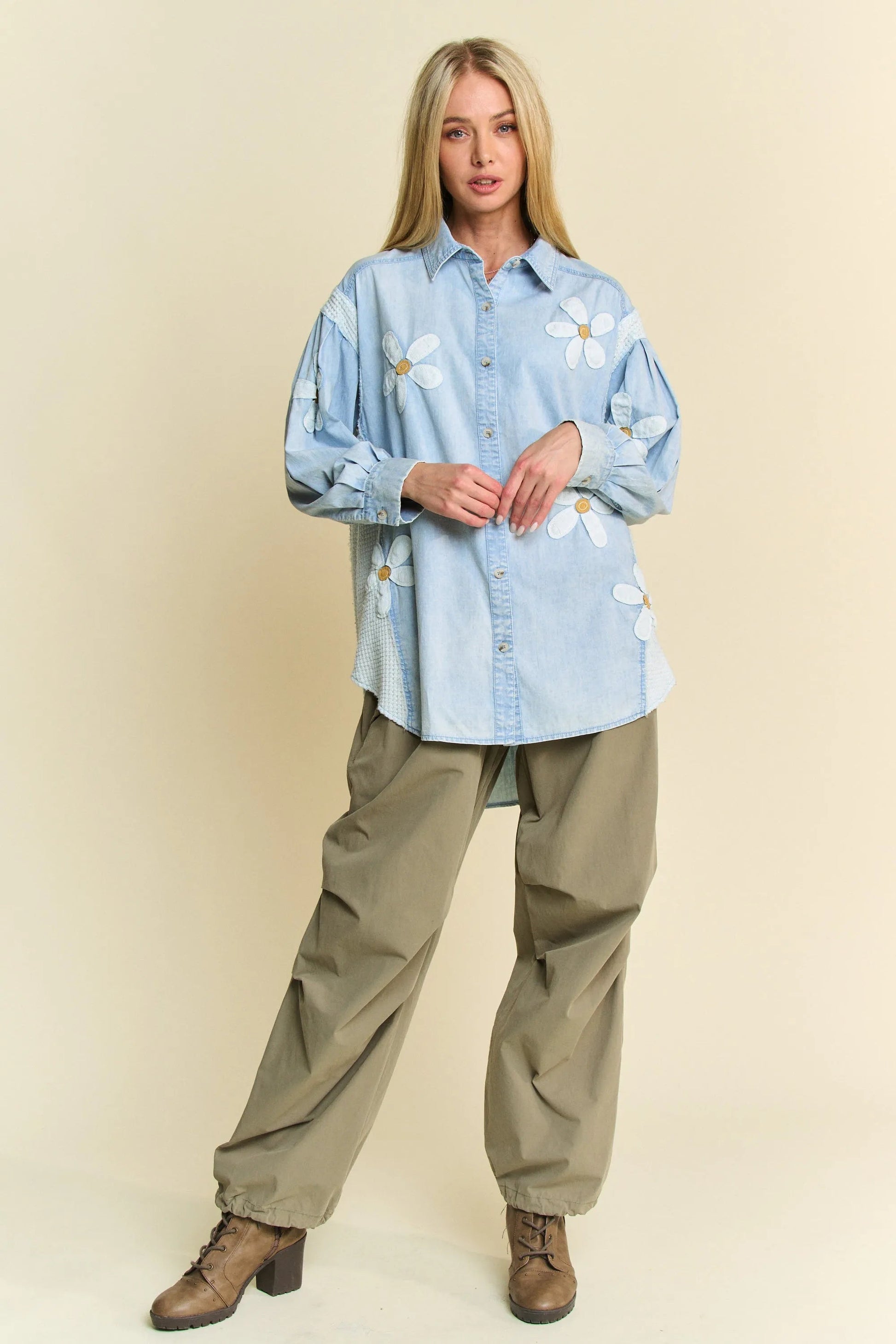 Davi & Dani - Light Wash Denim Button Down Shirt with Daisy Appliqué