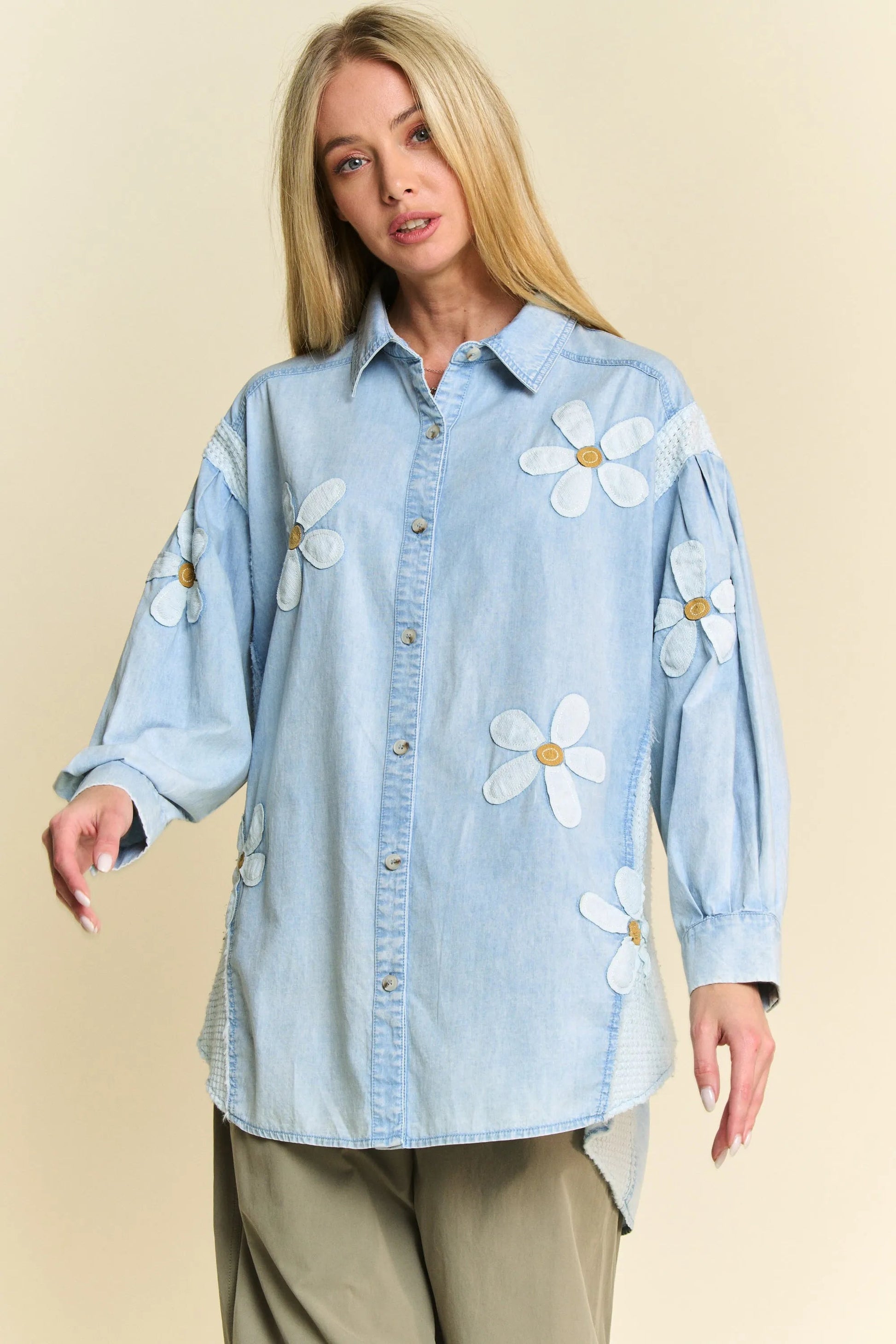 Davi & Dani - Light Wash Denim Button Down Shirt with Daisy Appliqué