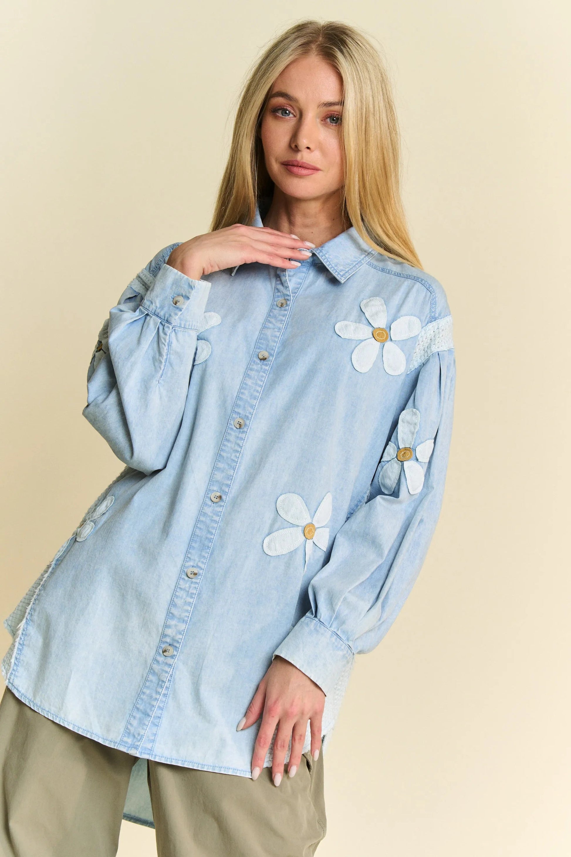 Davi & Dani - Light Wash Denim Button Down Shirt with Daisy Appliqué