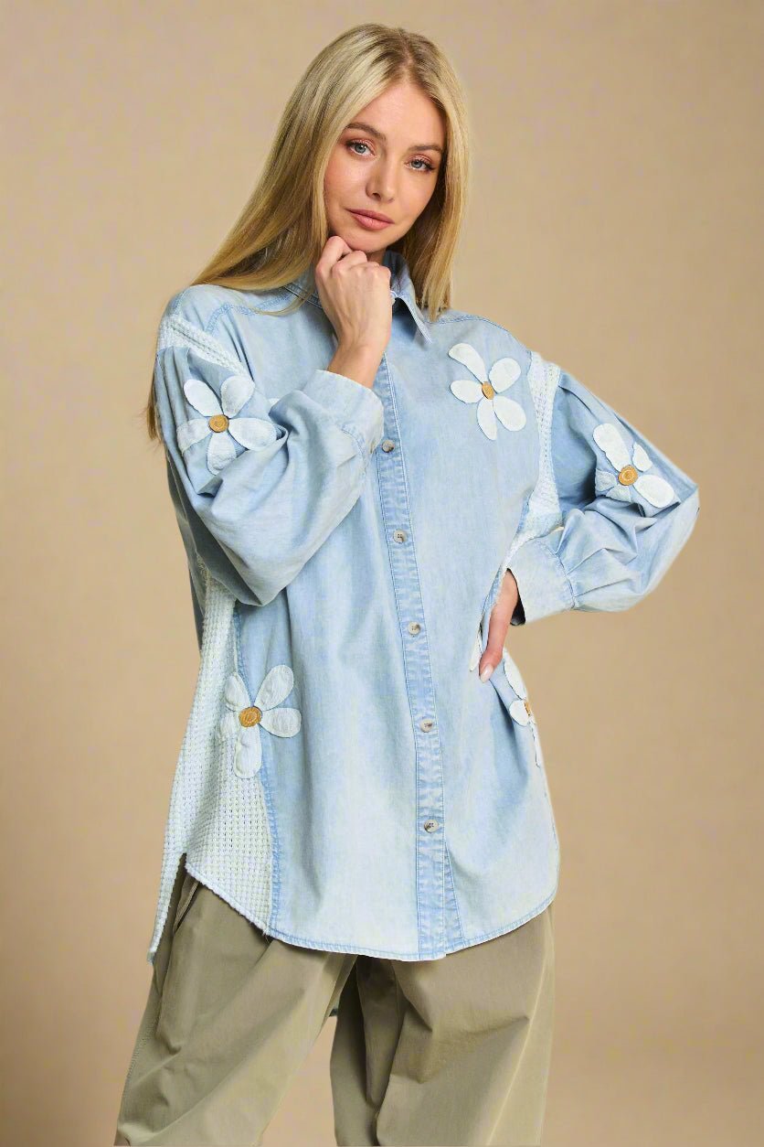 Davi & Dani - Light Wash Denim Button Down Shirt with Daisy Appliqué