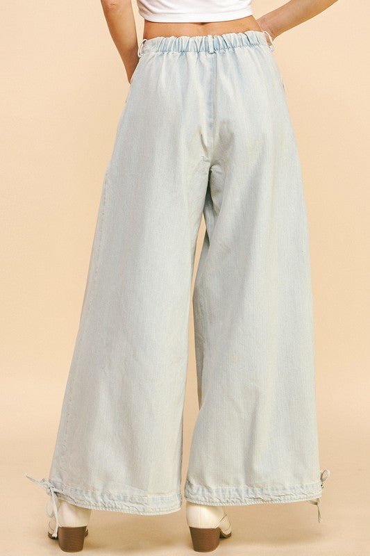 Davi & Dani - Light Wash Drawstring Hem Wide Leg Jeans